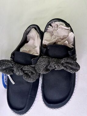 Hey Dude Black Canvas Slip-On Mules with Bow Accent
